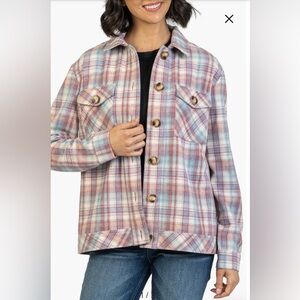 NEW w/TAGS Kut from the Kloth Magnolia Dusty Rose Blue Plaid Shirt Jacket Large